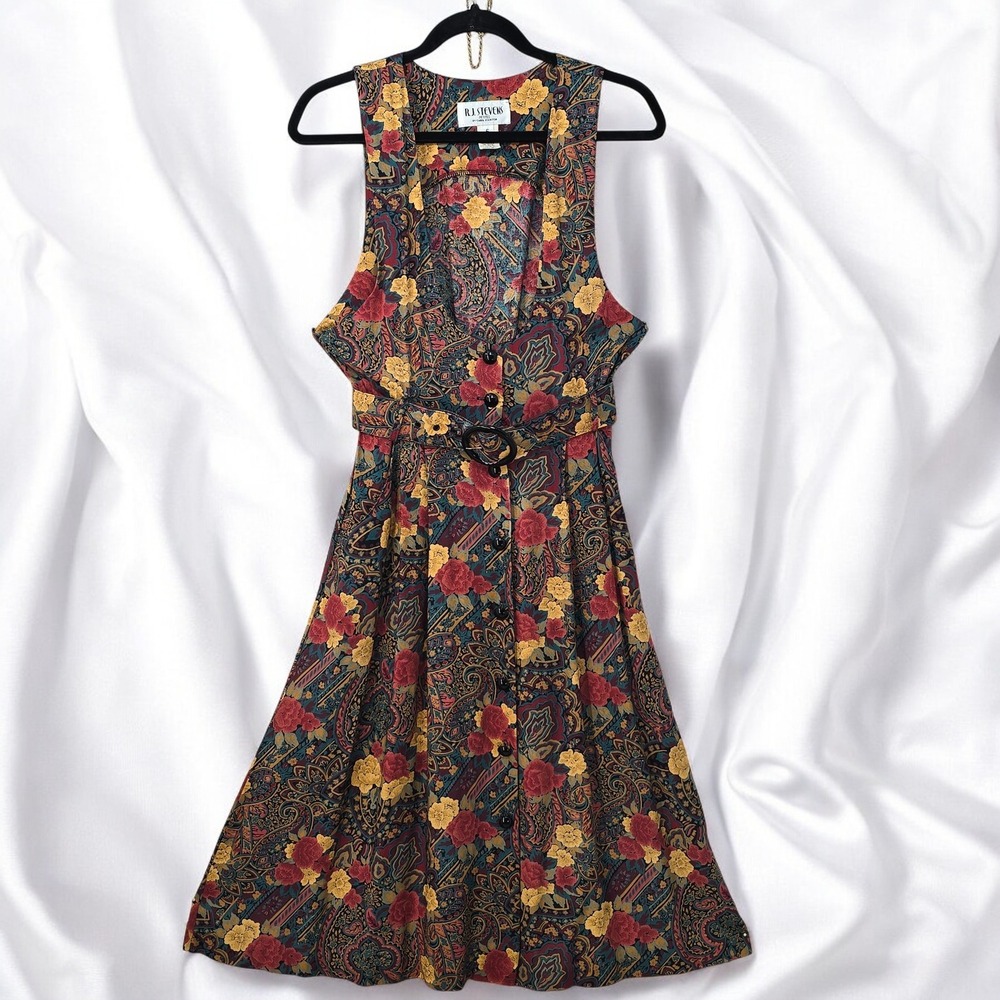 R.J. Stevens Vintage Floral Jumper Dress Sleeveless Belted‎ Petite Woman Size 6